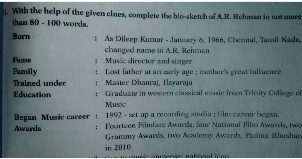 write biographical sketch on AR Rahman with thr following question   Brainlyin