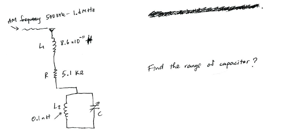 AM frequency 500kHz - 1.6MHz
L1
8.6 × 10^-11
R
5.1 kΩ
Find the range of capacitor?
L2
0.1 nH
C
