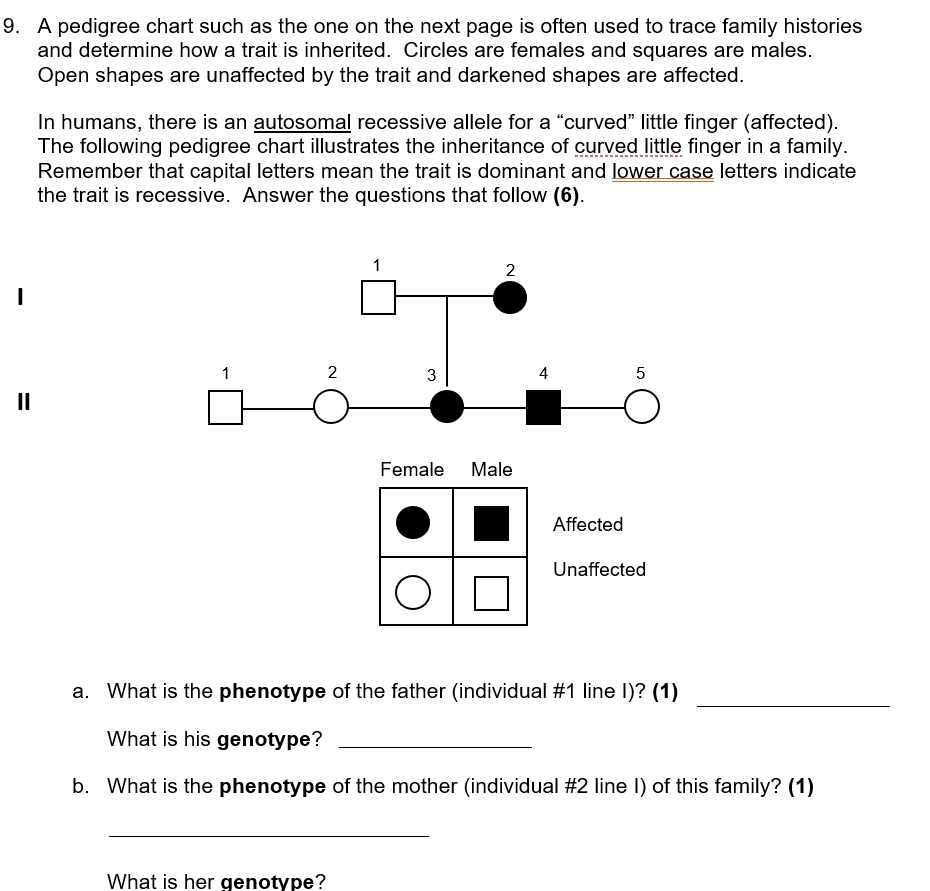 SOLVED: A pedigree chart such as the one on the next page is often used to  trace family histories and determine how a trait is inherited Circles are  females and squares are