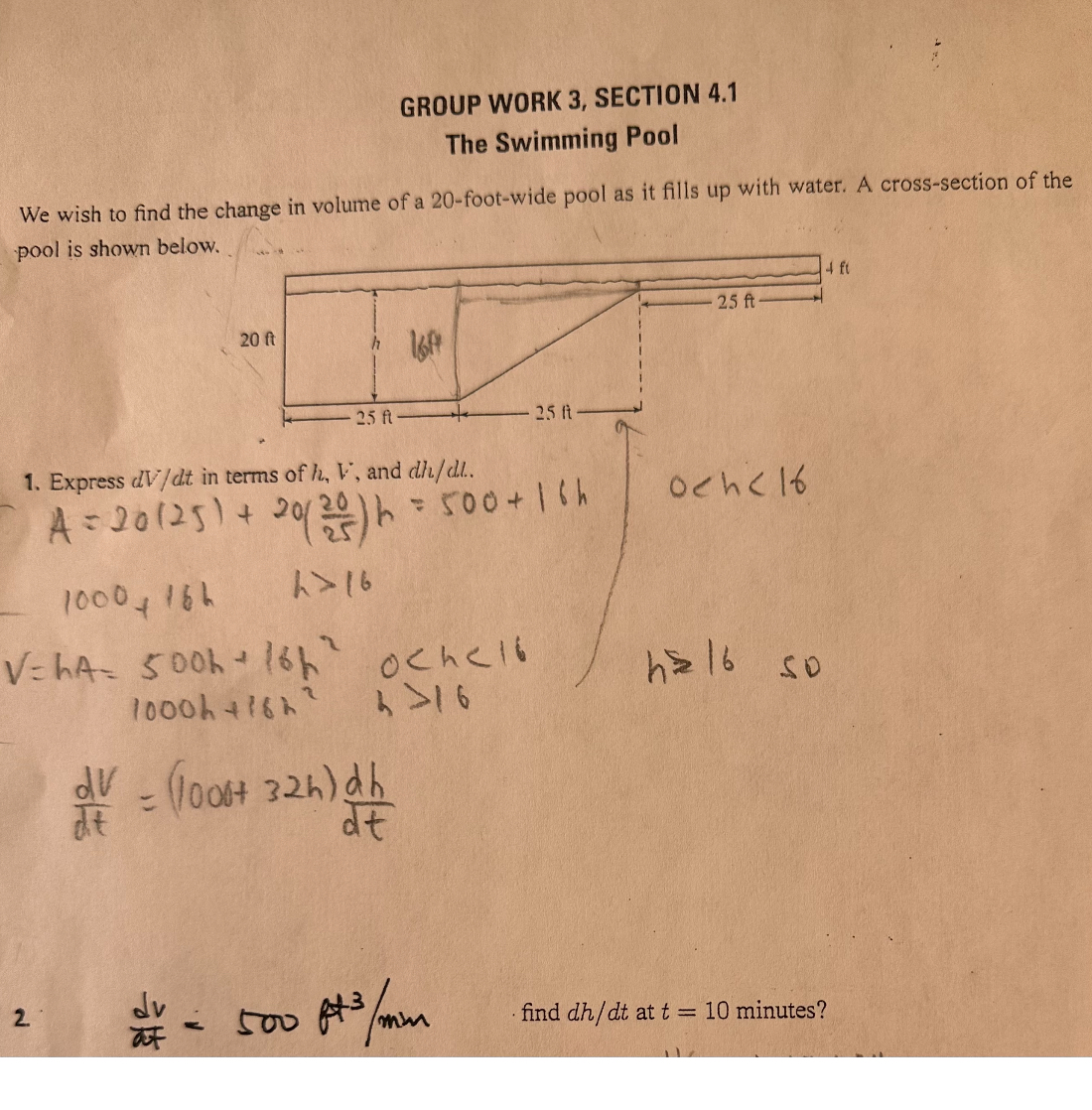 Pool Diving Math Problem GROUP WORK 3, SECTION 4.1 The Swimming Pool We wish to find the change ...