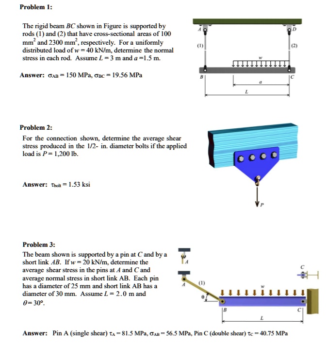 Problem 1:
The rigid beam BC shown in Figure is supported by
rods (1) and (2) that have cross-sectional areas of 100
mm² and 2300 mm², respectively. For a uniformly
distributed load of w = 40 kN/m, determine the normal
stress in each rod. Assume L = 3 m and a =1.5 m.
Answer: sigmaAB = 150 MPa, sigmaBC = 19.56 MPa
Problem 2:
For the connection shown, determine the average shear
stress produced in the 1/2- in. diameter bolts if the applied
load is P = 1,200 lb.
Answer: aubolt = 1.53 ksi
Problem 3:
The beam shown is supported by a pin at C and by a
short link AB. If w = 20 kN/m, determine the
average shear stress in the pins at A and C and
average normal stress in short link AB. Each pin
has a diameter of 25 mm and short link AB has a
diameter of 30 mm. Assume L = 2.0 m and
heta=30°.
Answer: Pin A (single shear) auA = 81.5 MPa, sigmaAB = 56.5 MPa, Pin C (double shear) auC = 40.75 MPa