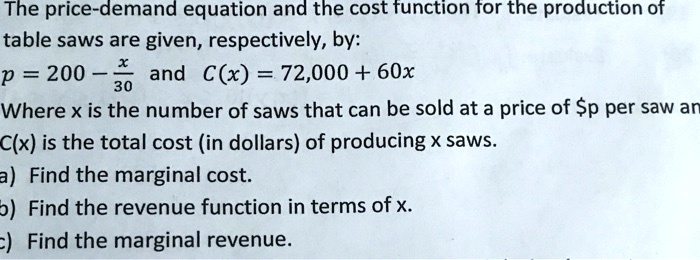 SOLVED: The price-demand equation and the cost function tor the ...