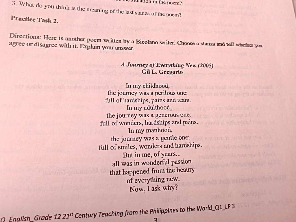 Solved Choose One Stanza And Explain A Journey Of Everything New 05 By Gil Gregorio What Tualion In The Pocm Do You Think Is The Meaning Of The Iast Stanza Of The