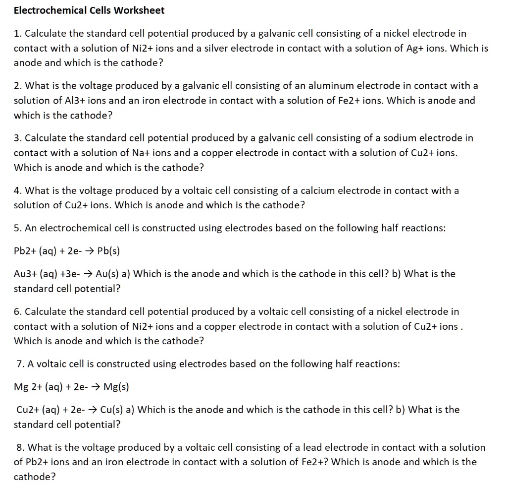 SOLVED Electrochemical Cells Worksheet 1. Calculate the standard cell