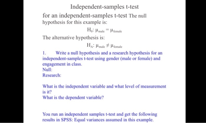 how to write null hypothesis for independent t test