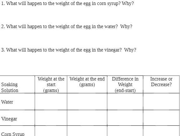 SOLVED: '1. What will happen to the weight of the egg in corn syrup ...