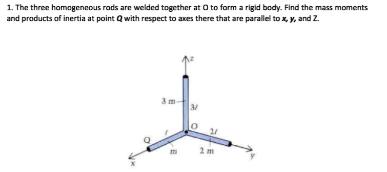 1. The three homogeneous rods are welded together at O to form a rigid body. Find the mass moments and products of inertia at point Q with respect to axes there that are parallel to x, y, and z.