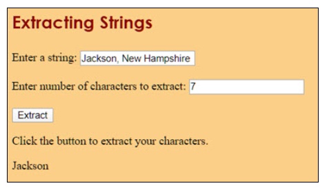 Write a JavaScript function to extract a specified number of characters ...