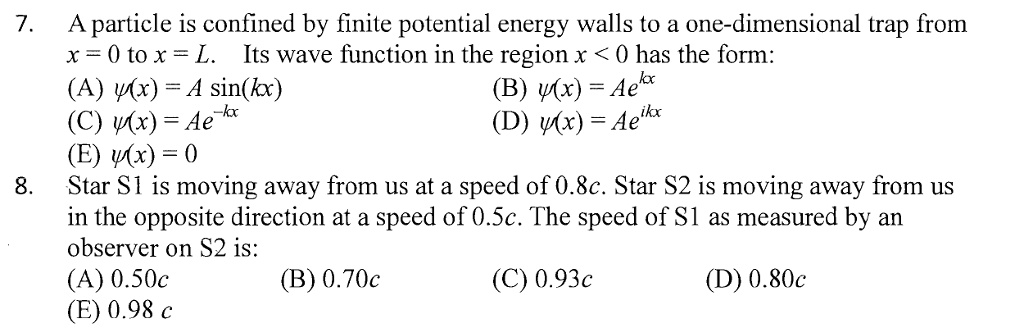 Solved 7 Aparticle Is Confined By Finite Potential Energy Walls To A