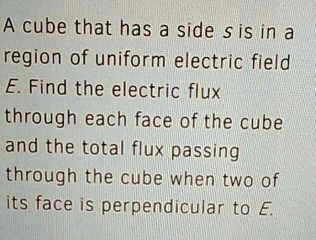 A cube that has a side s is in a region of uniform electric field E. Find the electric flux through each face of the cube and the total flux passing through the cube when two of its face is perpendicular to E.