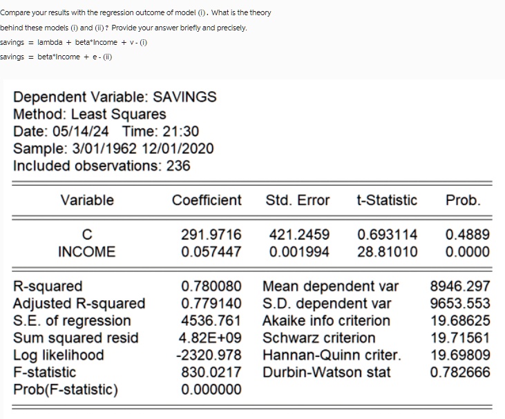 compare your results with the regression outcome of model i what is the theory behind these models i and ii provide your answer briefly and precisely savings lambda betaincome v i savings be 55235