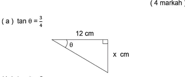 (a) tan θ= (3)/(4)
12 cm
x cm
(4 markah
