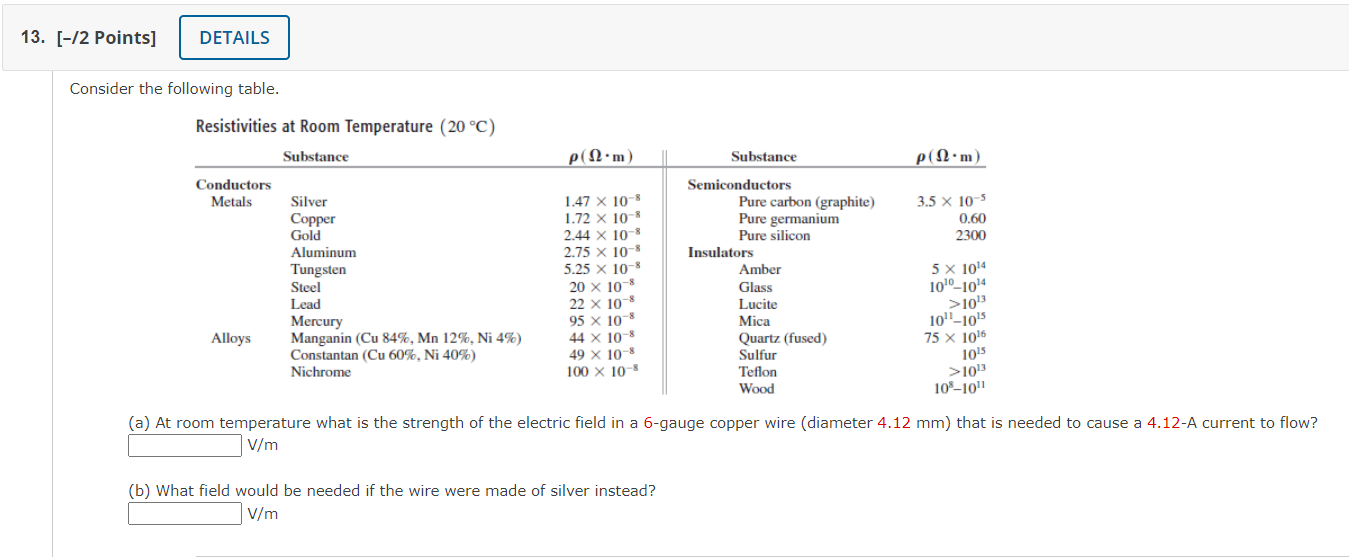 SOLVED 13. [/2 Points] DETAILS Consider the following table. Resistivities at Room Temperature
