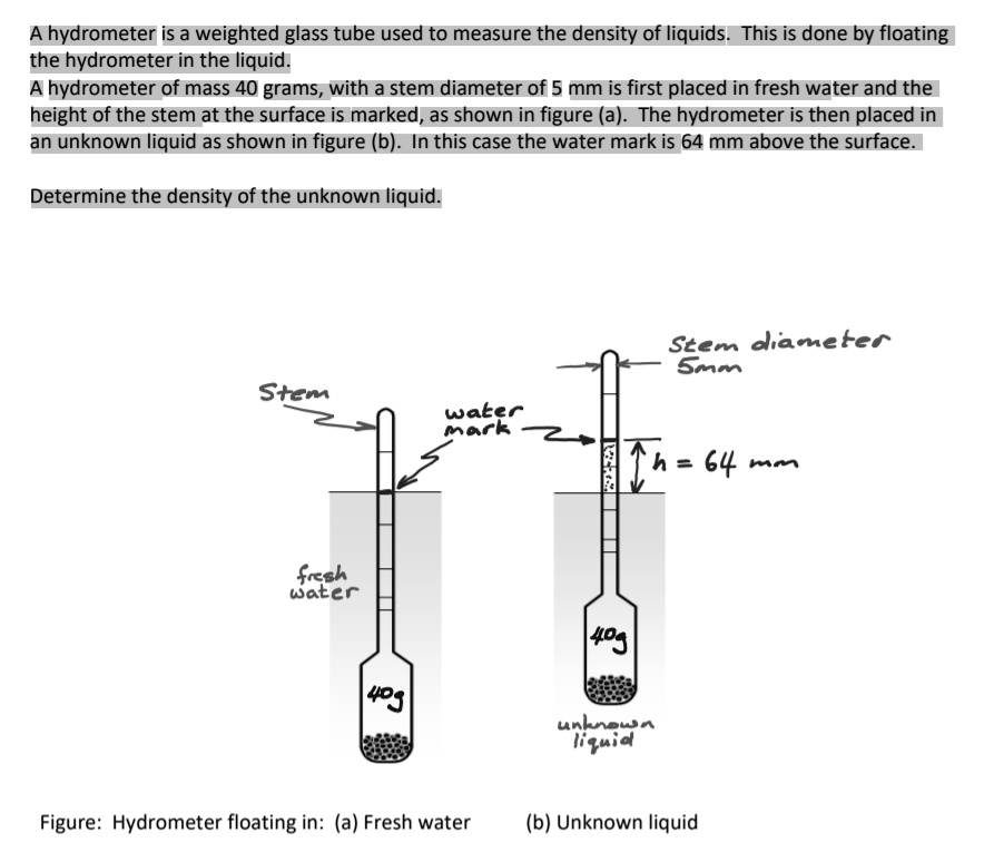 SOLVED: A hydrometer is a weighted glass tube used to measure the ...