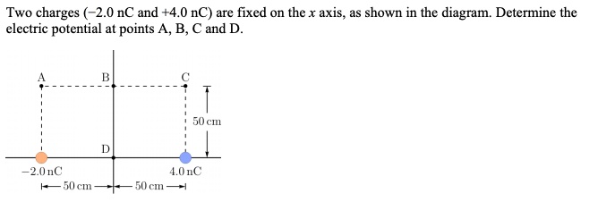 Two charges (-2.0 nC and +4.0 nC) are fixed on the x axis, as shown in the diagram. Determine the electric potential at points A, B, C and D.
