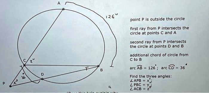 point P is outside the circle
first ray from P intersects the
circle at points C and A
second ray from P intersects
the circle at points D and B
additional chord of circle from
C to B
arc AB = 126^∘; arc CD = 36^∘
Find the three angles:
∠APB = x
∠PBC = y
∠ACB = z