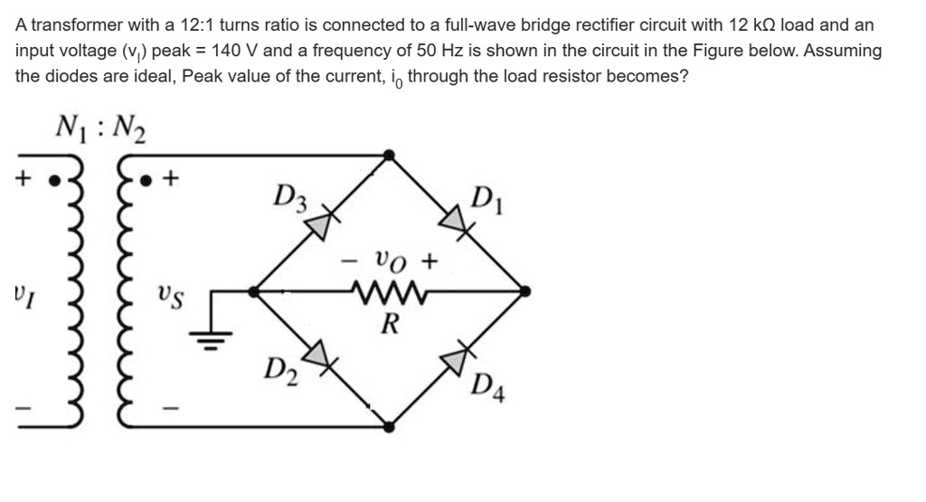 SOLVED: A transformer with a 12:1 turns ratio is connected to a full ...