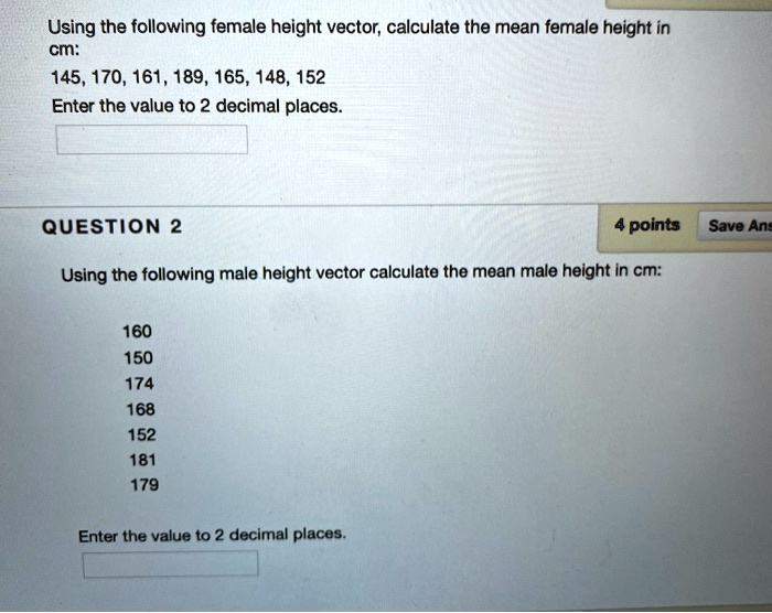 Using the following female height vector; calculate the mean female ...