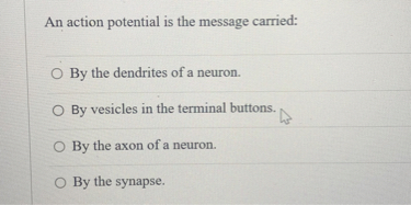 An action potential is the message carried:
By the dendrites of a neuron.
By vesicles in the terminal buttons.
By the axon of a neuron.
By the synapse.