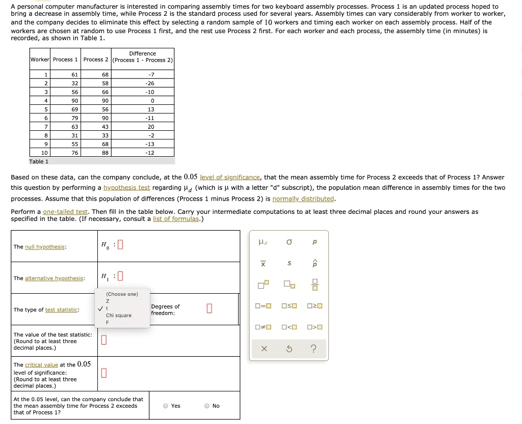 personal computer manufacturer is interested comparing assembly times ...