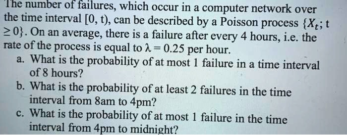 The number of failures, which occur in a computer network over the time interval [0, t), can be described by a Poisson process Xt; t ? 0. On an average, there is a failure after every 4 hours, i.e. the rate of the process is equal to ? = 0.25 per hour.
a. What is the probability of at most 1 failure in a time interval of 8 hours?
b. What is the probability of at least 2 failures in the time interval from 8am to 4pm?
c. What is the probability of at most 1 failure in the time interval from 4pm to midnight?