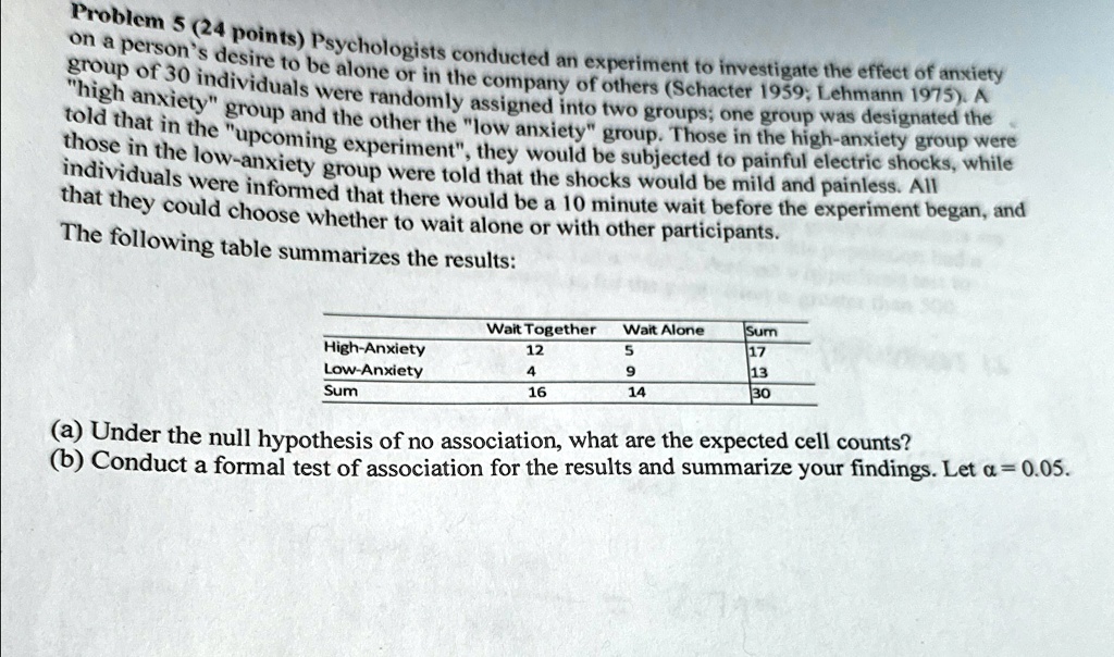 Problem 5 (24 points) Psychologists conducted an experiment to investigate the effect of anxiety
on a person's desire to be alone or in the company of others (Schacter 1959, Lehmann 1975). A
group of 30 individuals were randomly assigned into two groups; one group was designated the
"high anxiety" group and the other the "low anxiety" group. Those in the high-anxiety group were
told that in the "upcoming experiment", they would be subjected to painful electric shocks, while
those in the low-anxiety group were told that the shocks would be mild and painless. All
individuals were informed that there would be a 10 minute wait before the experiment began, and
that they could choose whether to wait alone or with other participants.
The following table summarizes the results:
Wait Together	Wait Alone	Sum
High-Anxiety	12	5	17
Low-Anxiety	4	9	13
Sum	16	14	30
(a) Under the null hypothesis of no association, what are the expected cell counts?
(b) Conduct a formal test of association for the results and summarize your findings. Let α = 0.05.