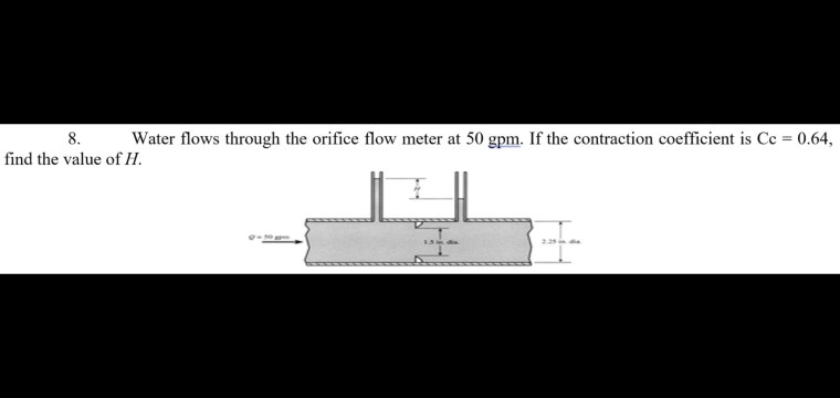 SOLVED: Water flows through the orifice flow meter at 50 gpm. If the ...