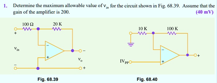1. Determine the maximum allowable value of vin for the circuit shown in Fig. 68.39. Assume that the gain of the amplifier is 200. (40 mV)