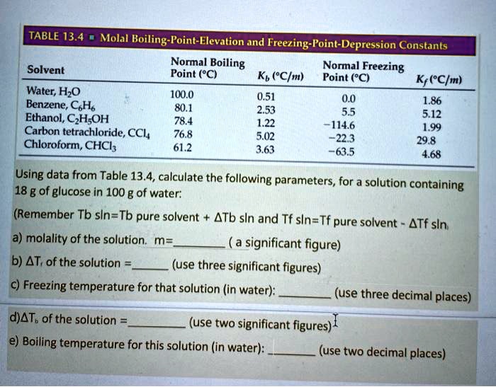 Solvedtable 134 Molal Boiling Point Elevation And Treezing Point Depression Constants Normal 2708