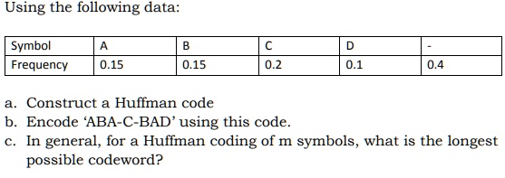 Using The Following Data Symbol Frequency A 015 B 015 C 02 D 01 04 A Construct A Huffman Code B ...