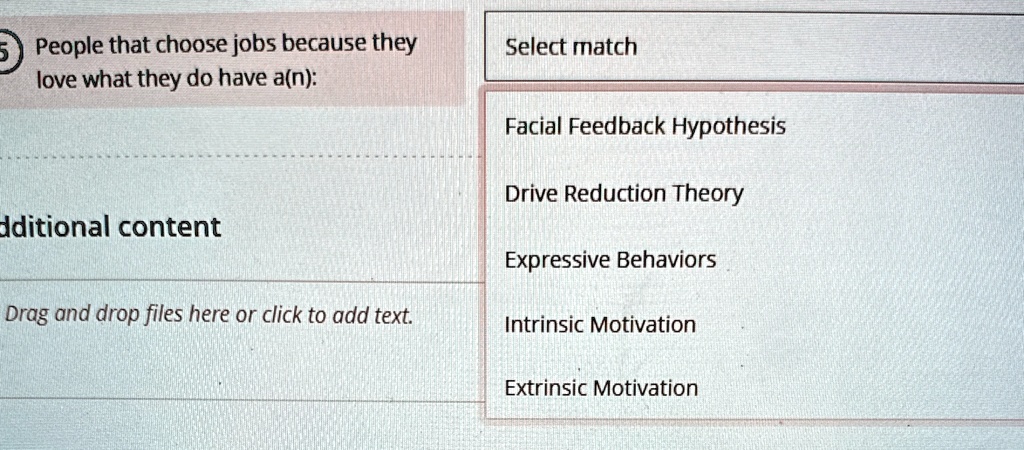 5) People that choose jobs because they
love what they do have a(n):
Select match
Facial Feedback Hypothesis
Drive Reduction Theory
dditional content
Expressive Behaviors
Drag and drop files here or click to add text.
Intrinsic Motivation
Extrinsic Motivation