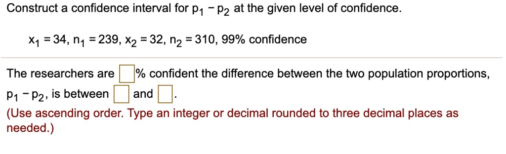 Construct a confidence interval for p1 - p2 at the given level of confidence.
x1 = 34, n1 = 239, x2 = 32, n2 = 310, 99% confidence
The researchers are  % confident the difference between the two population proportions, 
p1 - p2, is between  and .
(Use ascending order. Type an integer or decimal rounded to three decimal places as
needed.)