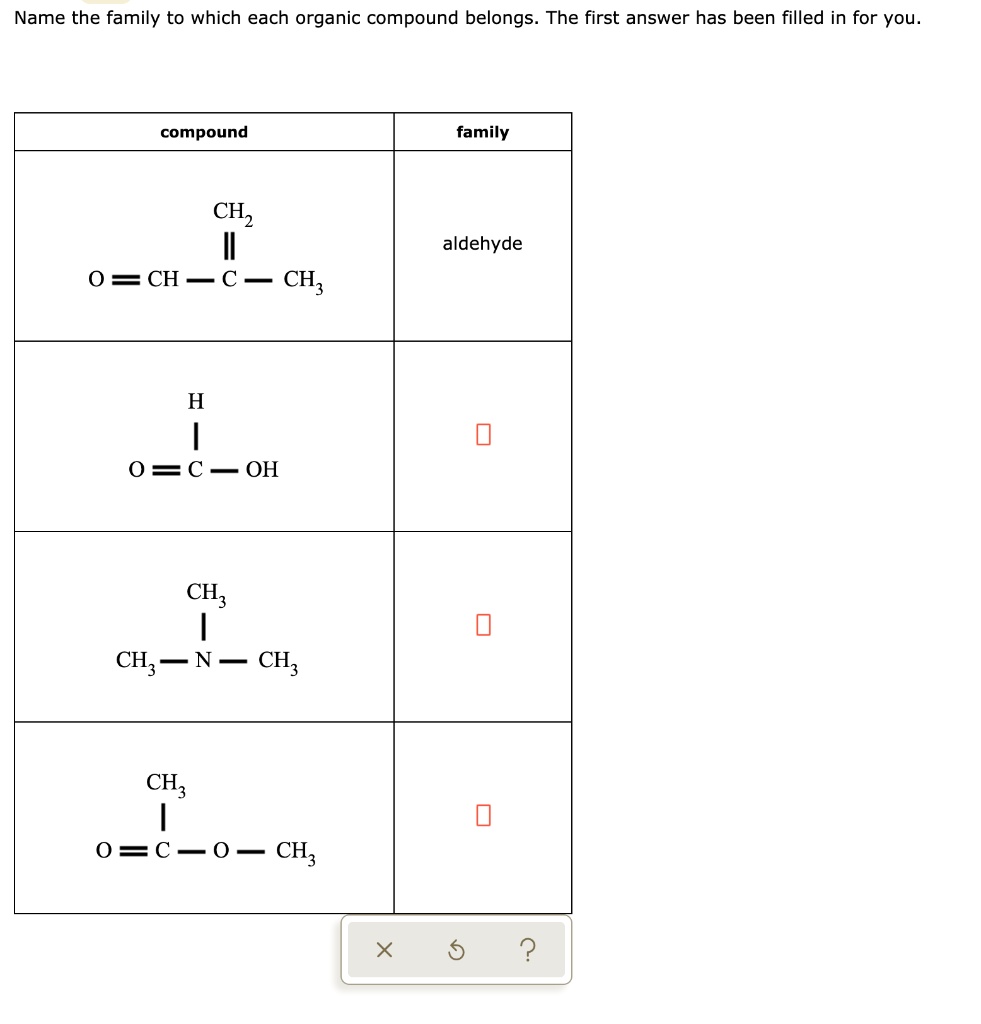 name the family to which each organic compound belongs the first answer ...