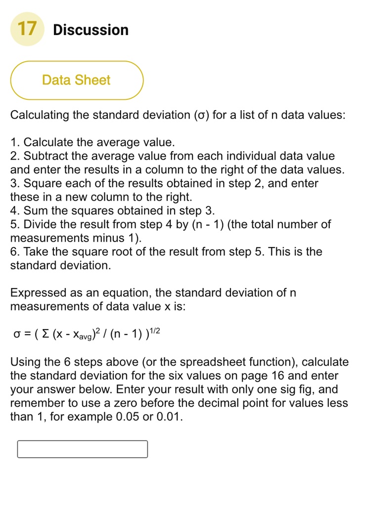 SOLVED: 17 Discussion Data Sheet Calculating the standard deviation (Ïƒ ...