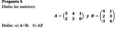 Pregunta 6
Dadas las matrices:
A = 
    < p m a t r i x > y B = 
    < p m a t r i x >
Hallar: a) A+B; b) AB