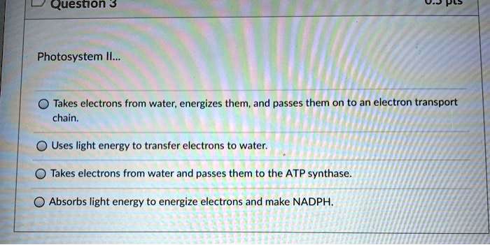 Photosystem II...

Takes electrons from water, energizes them, and passes them on to an electron transport chain.
Uses light energy to transfer electrons to water.
Takes electrons from water and passes them to the ATP synthase.
Absorbs light energy to energize electrons and make NADPH.