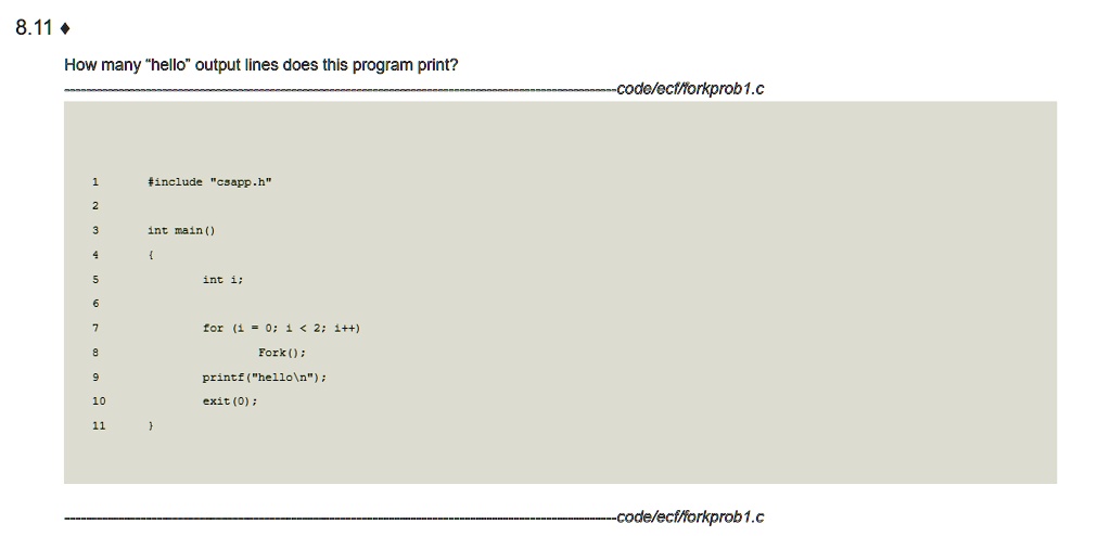 811 how many hello output lines does this program print codeecfforkprob1c include csapph int main int i for i 0 i 2 1 fork printfhellon exit0 codeecfforkprob1c 49904