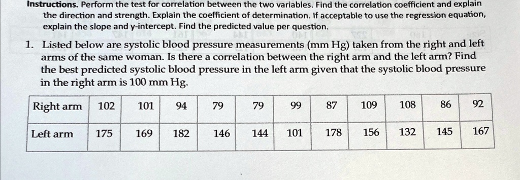 Instructions. Perform the test for correlation between the two variables. Find the correlation coefficient and explain
the direction and strength. Explain the coefficient of determination. If acceptable to use the regression equation,
explain the slope and y-intercept. Find the predicted value per question.
1. Listed below are systolic blood pressure measurements (mm Hg) taken from the right and left
arms of the same woman. Is there a correlation between the right arm and the left arm? Find
the best predicted systolic blood pressure in the left arm given that the systolic blood pressure
in the right arm is 100 mm Hg.
Right arm 102 101 94 79 79 99 87 109 108 86 92
Left arm 175 169 182 146 144 101 178 156 132 145 167