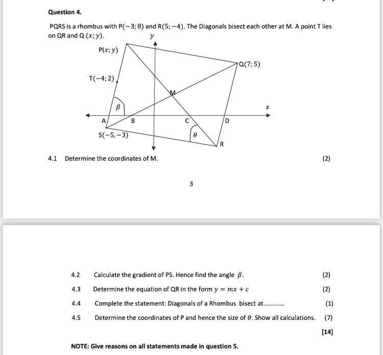 PQRS is a rhombus with P(-3, 8) and R(5, on QR and Q (x, y). The ...