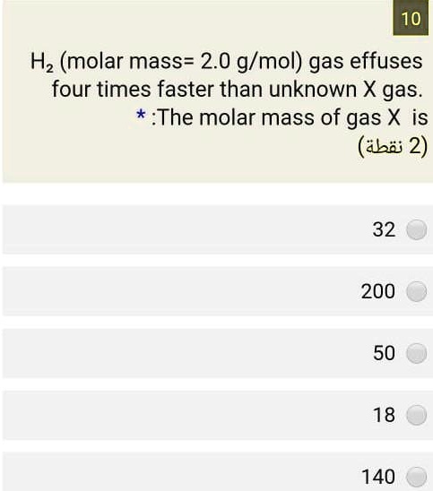 Solved10 Hz Molar Mass 20 Gmol Gas Effuses Four Times Faster Than Unknown X Gas The 2791