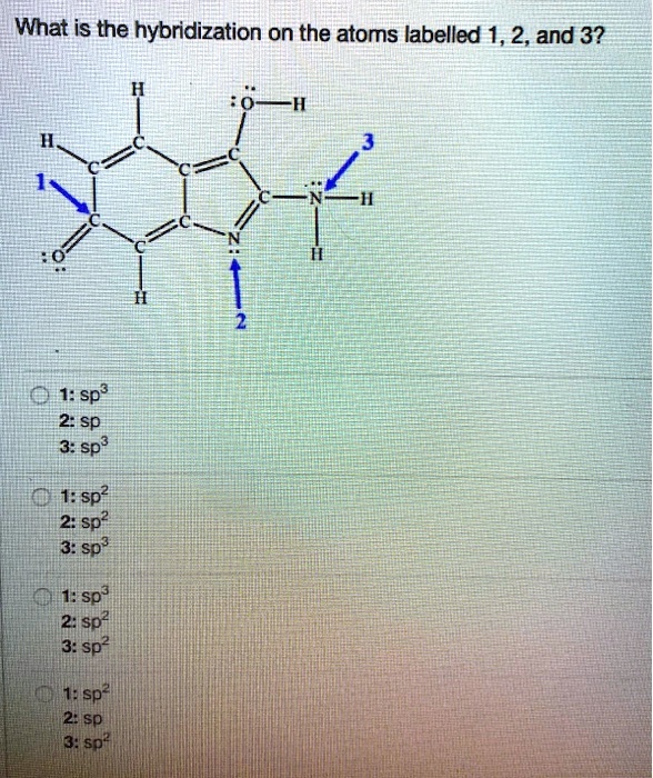 What is the hybridization on the atoms labelled 1, 2, and 3?
1: sp3
2: sp
3: sp3
1: sp2
2: sp2
3: sp3
1: sp3
2: sp2
3: sp2
1: sp2
2: sp
3: sp2
