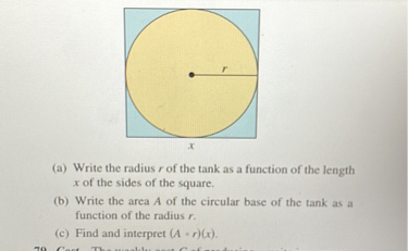 (a) Write the radius r of the tank as a function of the length x of the sides of the square.
(b) Write the area A of the circular base of the tank as a function of the radius r.
(c) Find and interpret (A ∘ r)(x).