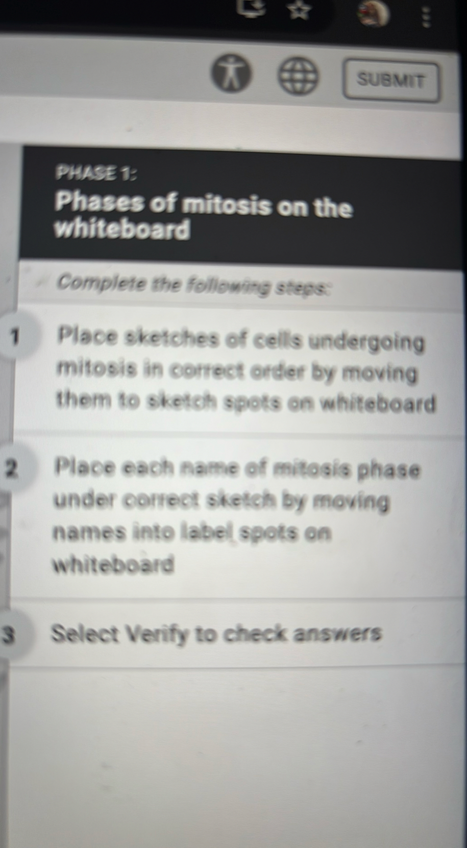 SUBMIT PHASE 1: Phases of mitosis on the whiteboard Complete the ...