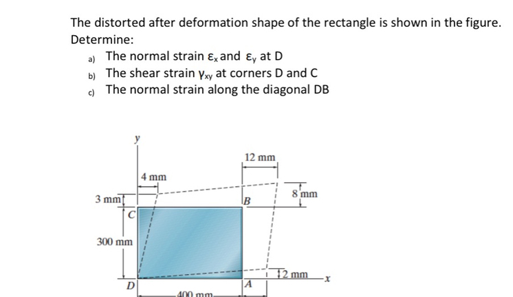 The distorted after deformation shape of the rectangle is shown in the figure. Determine:
a) The normal strain εx and εy at D
b) The shear strain γx y at corners D and C
c) The normal strain along the diagonal DB