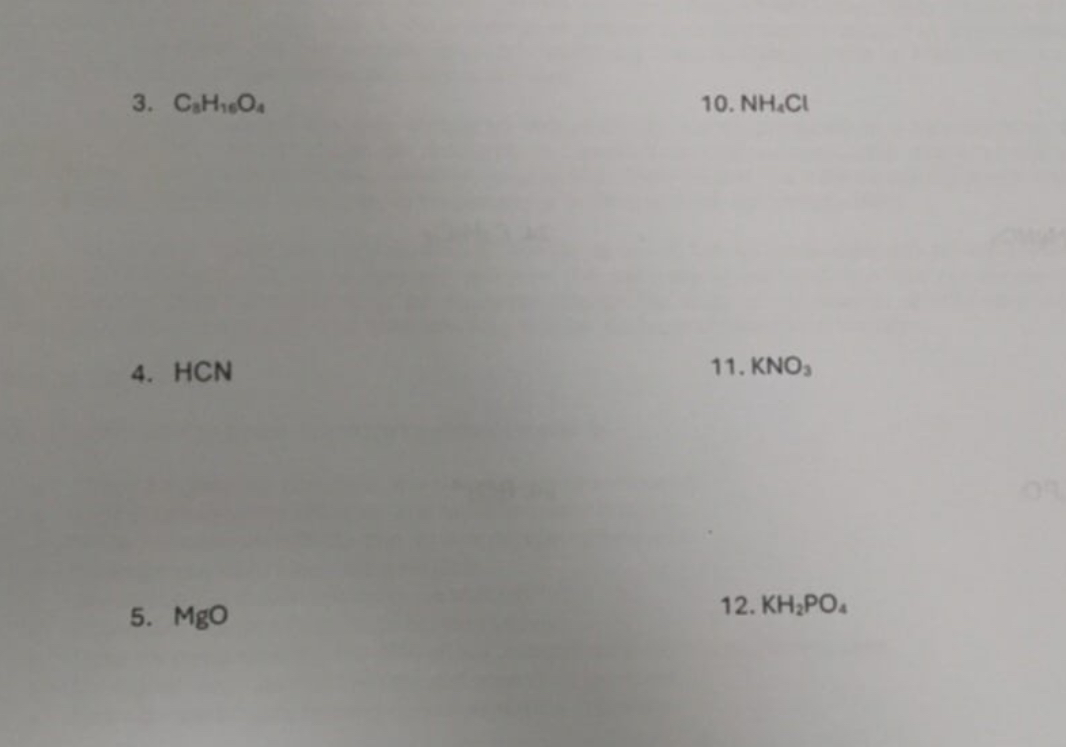3. C8H16O4
10. NH4Cl
4. HCN
11. KNO3
5. MgO
12. KH2PO4