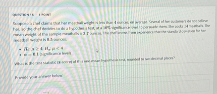 SOLVED: QUESTION 16 - 1 POINT Suppose a chef claims thyt her meatball ...