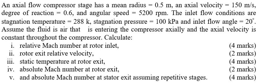 An axial flow compressor stage has a mean radius = 0.5 m, an axial ...