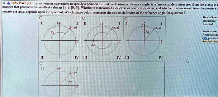 ?14% Part (a) It is sometimes convenient to specify a point on the unit circle using a reference angle. A reference angle is measured from the x axis in a manner that produces the smallest value in $\theta \in [0, \frac{\pi}{2}]$. Whether it is measured clockwise or counterclockwise, and whether it is measured from the positive or negative x axis, depends upon the quadrant. Which image below represents the correct definition of the reference angle for quadrant I?