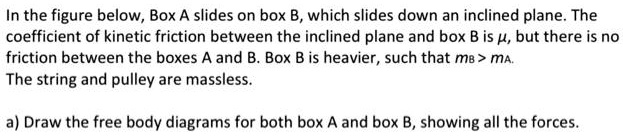 In the figure below, Box A slides on box B, which slides down an inclined plane. The coefficient of kinetic friction between the inclined plane and box B is ?, but there is no friction between the boxes A and B. Box B is heavier, such that mB > mA. The string and pulley are massless.
a) Draw the free body diagrams for both box A and box B, showing all the forces.