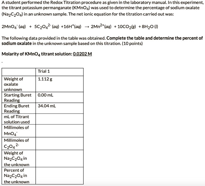 SOLVED A student performed the Redox Titration procedure as given in